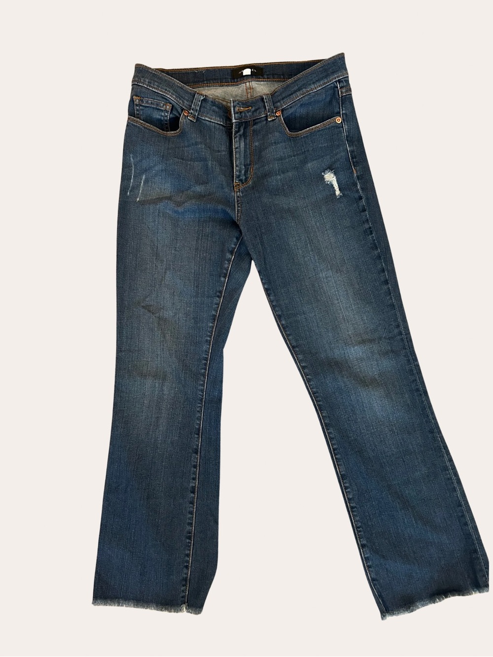 Halogen Distressed Crop Flare Jeans Mid Wash Frayed Raw Hem Size 28